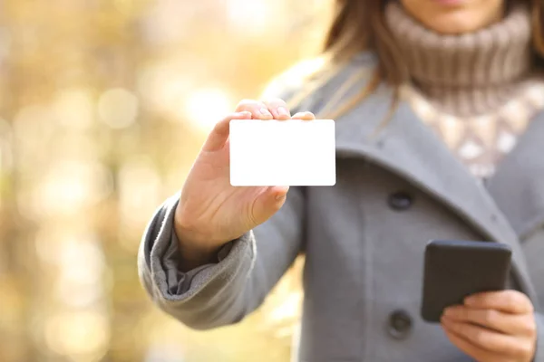 Zamknij Widok Przodu Kobiety Ręce Trzymając Smartfon Pokazując Puste Karty — Zdjęcie stockowe