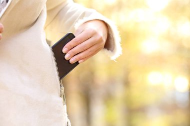 Parkta, sonbahar sezonunda bir ceketin cebinde akıllı telefon bulundurmak.