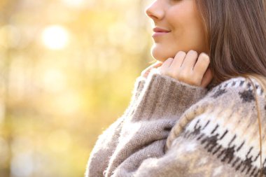 Parkta soğuk bir sonbaharda, kadın ellerinin ısıtan kazak yakasına yakın durması.