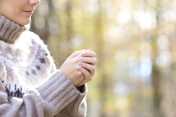 Close Woman Heating Hands Cold Winter Park — Stock Photo, Image