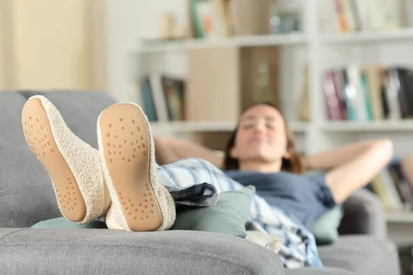 Full Body Portrait Happy Woman Relaxing Resting Couch Home Slippers — Stock Fotó