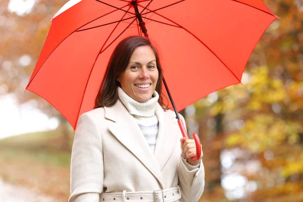 Mujer Feliz Posando Mirando Cámara Invierno Con Paraguas Parque —  Fotos de Stock