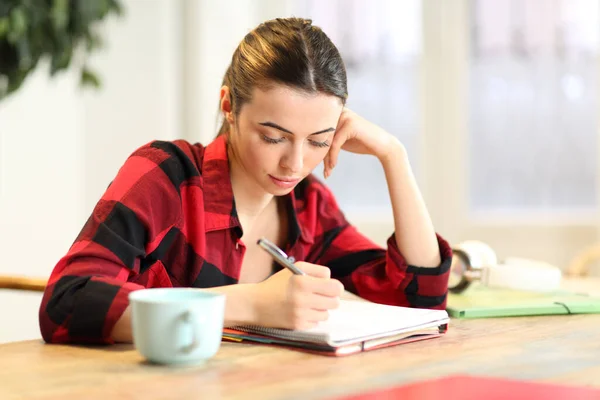 Geconcentreerde Student Die Thuis Aantekeningen Maakt Woonkamer — Stockfoto