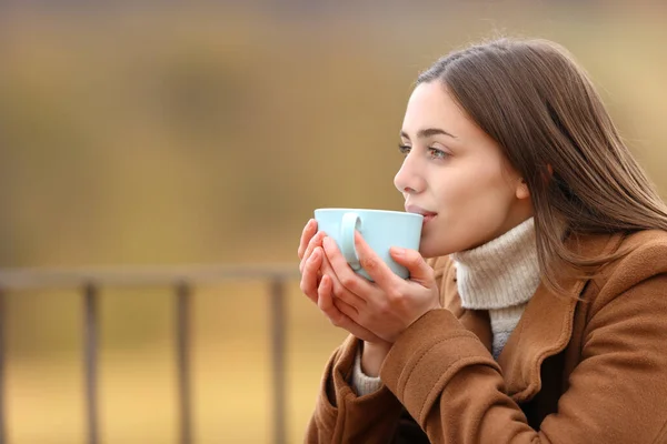 Relaxed Woman Drinking Coffee Sipping Winter Balcony — Stock Photo, Image