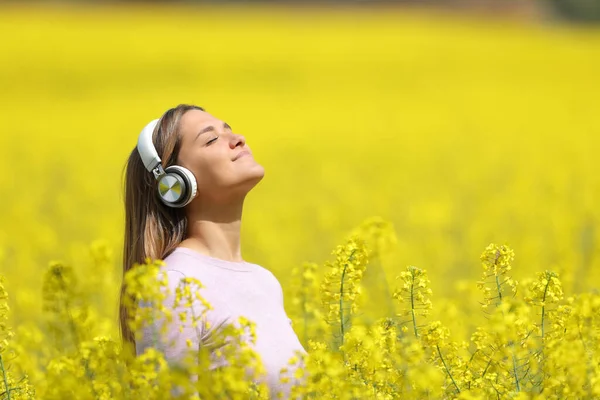 Розслаблена Жінка Слухає Музику Медитуючи Жовтому Полі Весняного Сезону — стокове фото