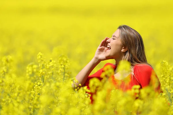 春天的时候 快乐的女人在一片黄色的田野里用手捂着嘴大喊 — 图库照片