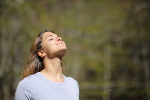 Satisfied Woman Breaths Fresh Air Sunny Forest Park — Stock Photo, Image