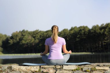Güneşli bir günde, doğada yoga yapan bir kadının arka görüntüsü.