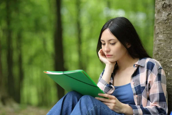 公園の木にもたれて座ってノートを読んで勉強するアジアの学生 — ストック写真