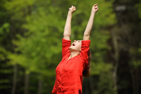 Mujer Feliz Rojo Levantando Los Brazos Celebrando Dicha Bosque Parque —  Fotos de Stock