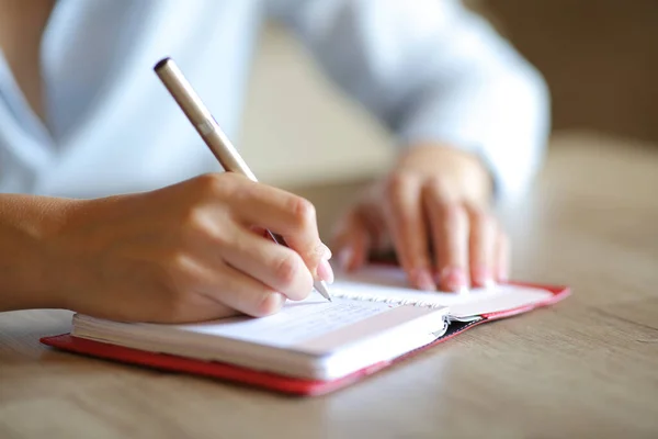 Close Woman Hands Writing Paper Agenda Table — Zdjęcie stockowe