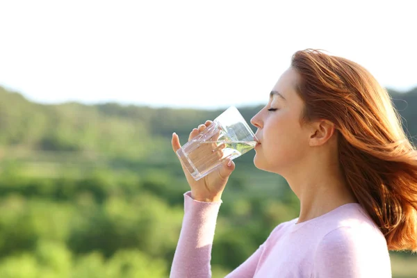 Profil Einer Frau Die Der Natur Wasser Aus Glas Trinkt — Stockfoto