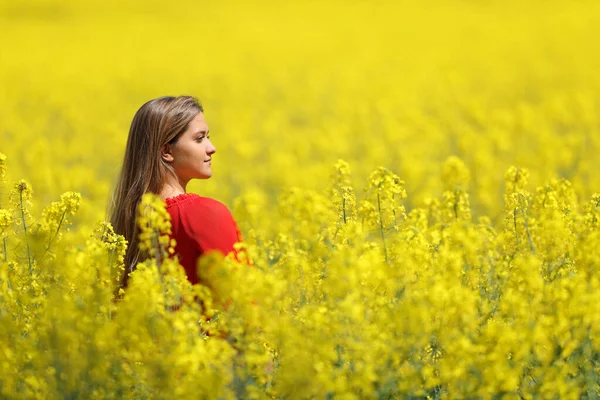 Woman Red Contemplating Yellow Field Spring Season — Zdjęcie stockowe