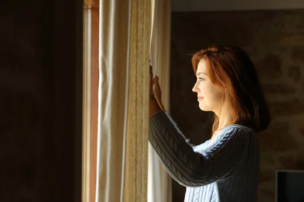 Side View Portrait Satisfied Woman Opening Curtains Home — Stock Photo, Image