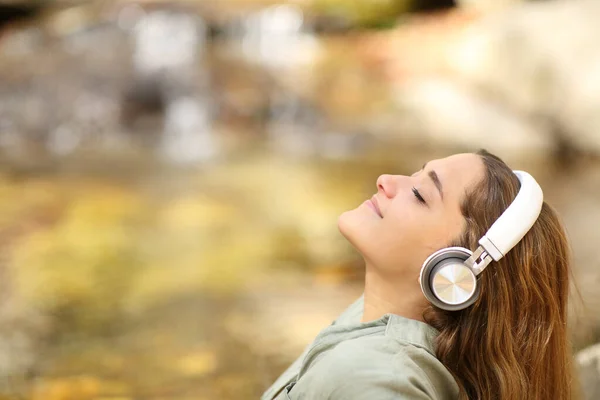 Profile Relaxed Woman Breathing Fresh Air Listening Music Riverside Royalty Free Stock Images