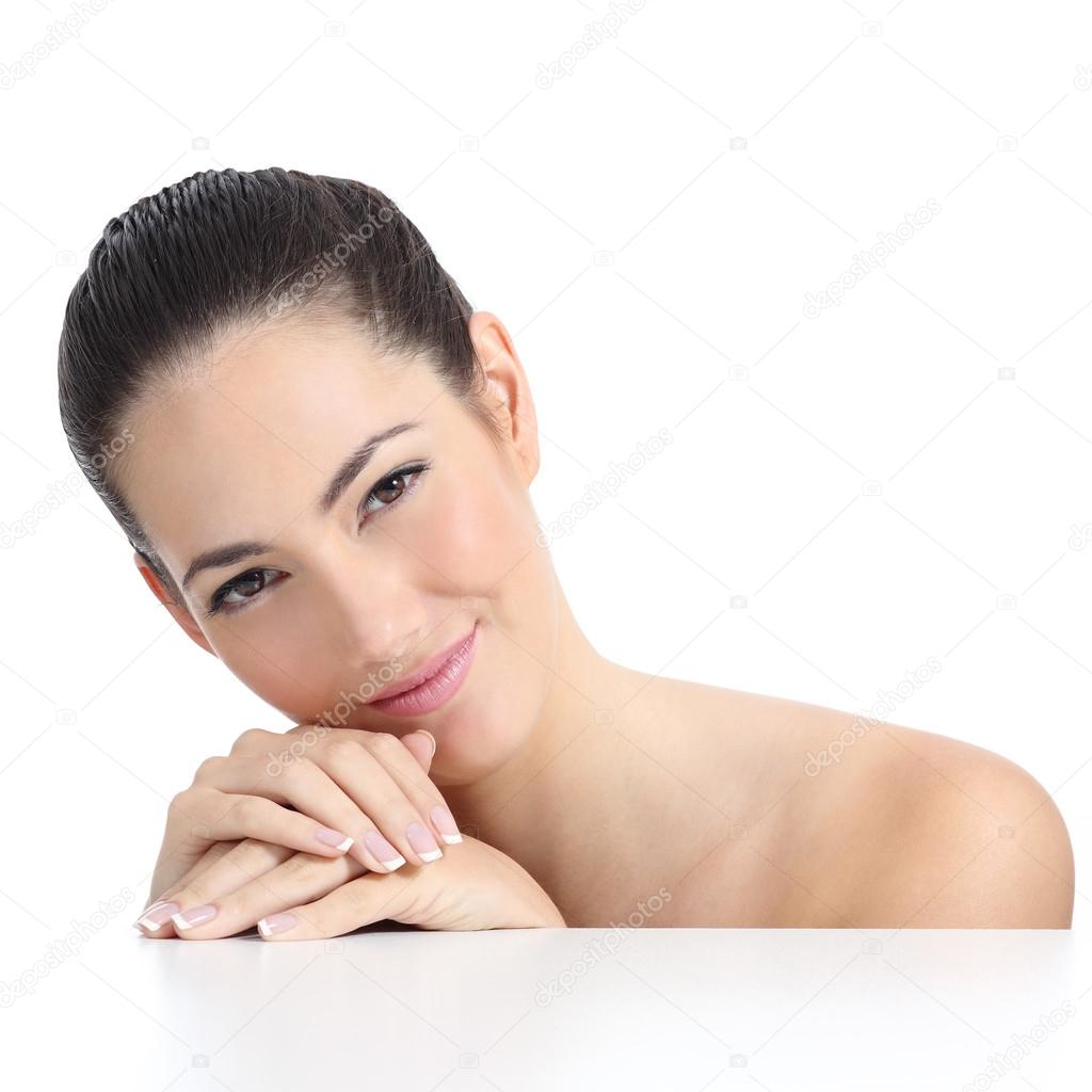 Beauty woman soft skin face and hands with french manicure