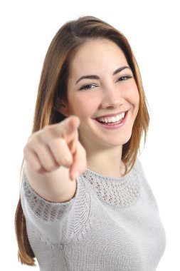 Funny teenager girl with white smile pointing at you clipart