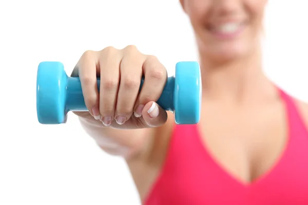 Fitness sportswoman lifting weights exercising aerobic — Stock Photo, Image