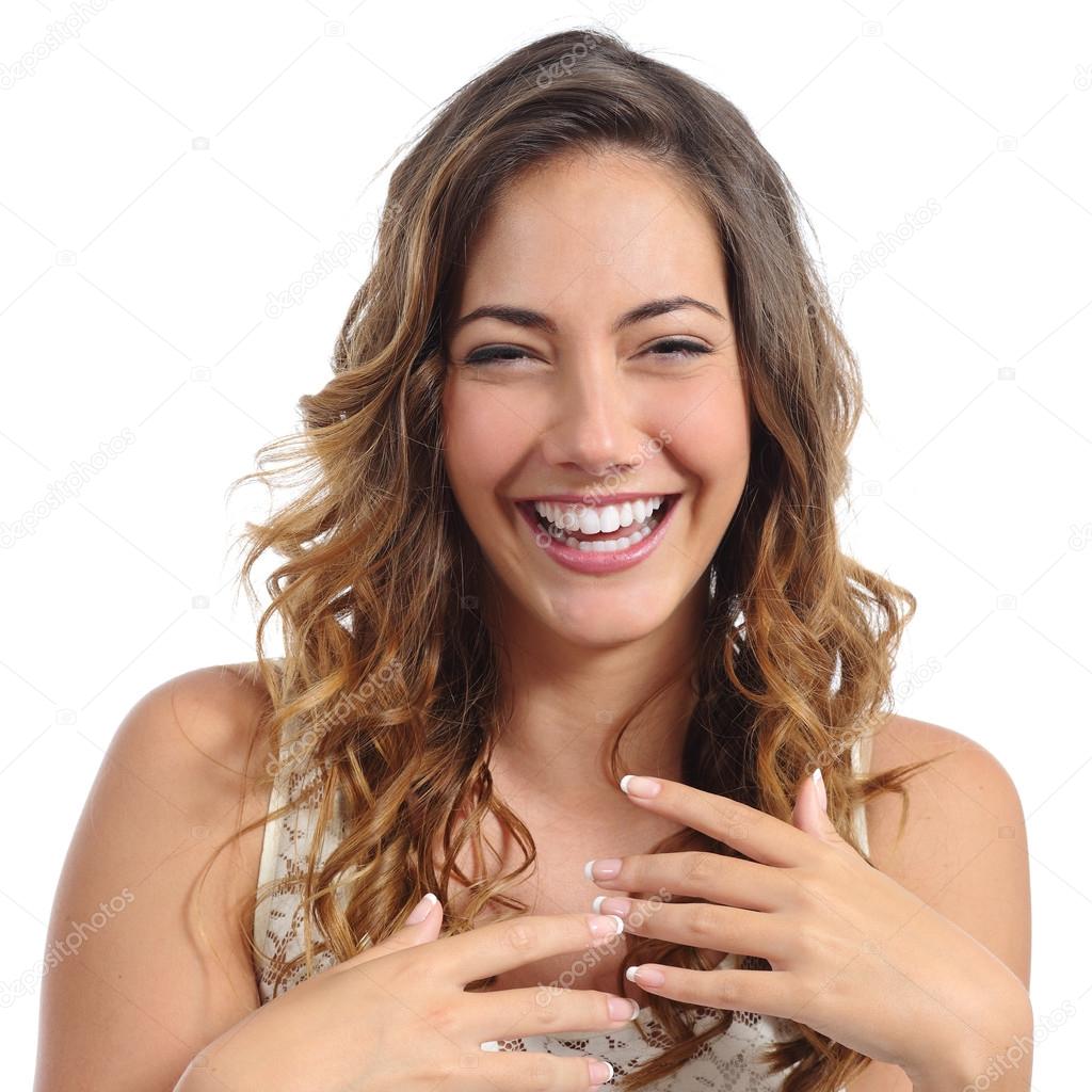 Front portrait of a funny fashion woman laughing hilarious