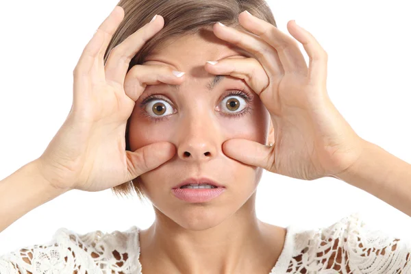 Crazy teenager girl tired trying to open eyes with fingers — Stock Photo, Image