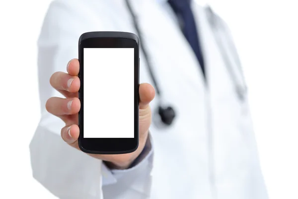 Mano del doctor mostrando una aplicación de pantalla de teléfono inteligente en blanco — Foto de Stock