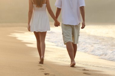 Couple taking a walk holding hands on the beach clipart
