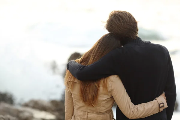 Visão traseira de um casal abraçando no inverno — Fotografia de Stock