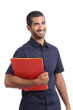 Ayakta tutan klasörleri poz yetişkin rahat Arap adam öğrenci