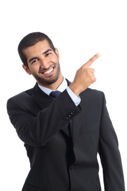 Arab business man presenter presenting and pointing at side clipart