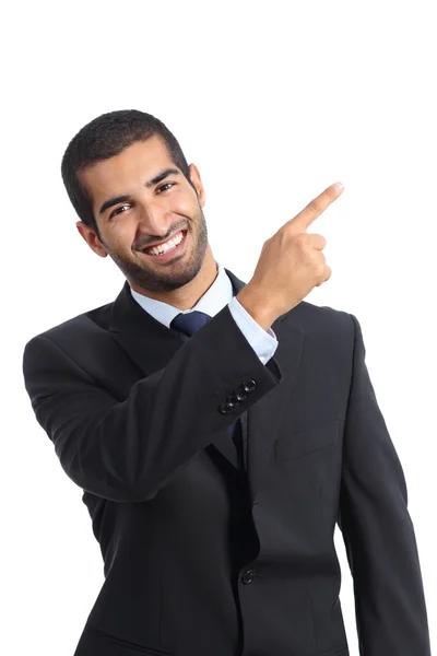 Arab business man presenter presenting and pointing at side — Stock Photo, Image