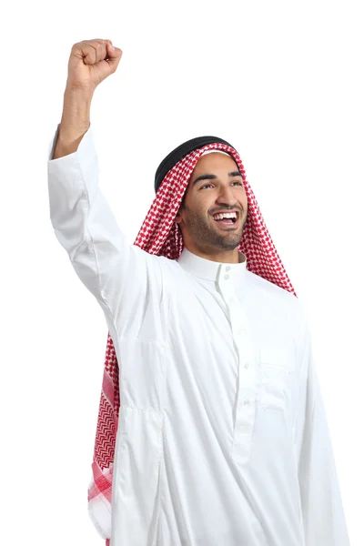 Saúdský Arab muž euforii kypřicími rameno — Stock fotografie