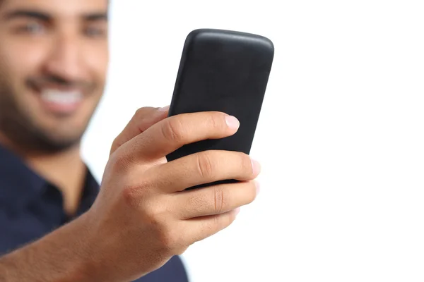 Close-up van de hand van een man met behulp van een slimme telefoon — Stockfoto