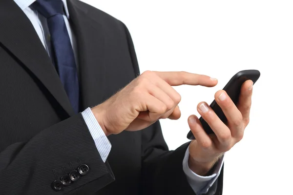 Business man hands touching a smart phone screen — Stock Photo, Image