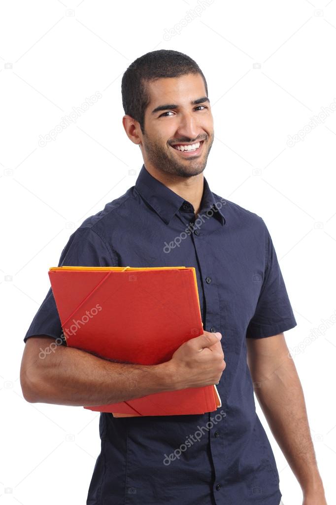 Adult casual arab man student posing standing holding folders