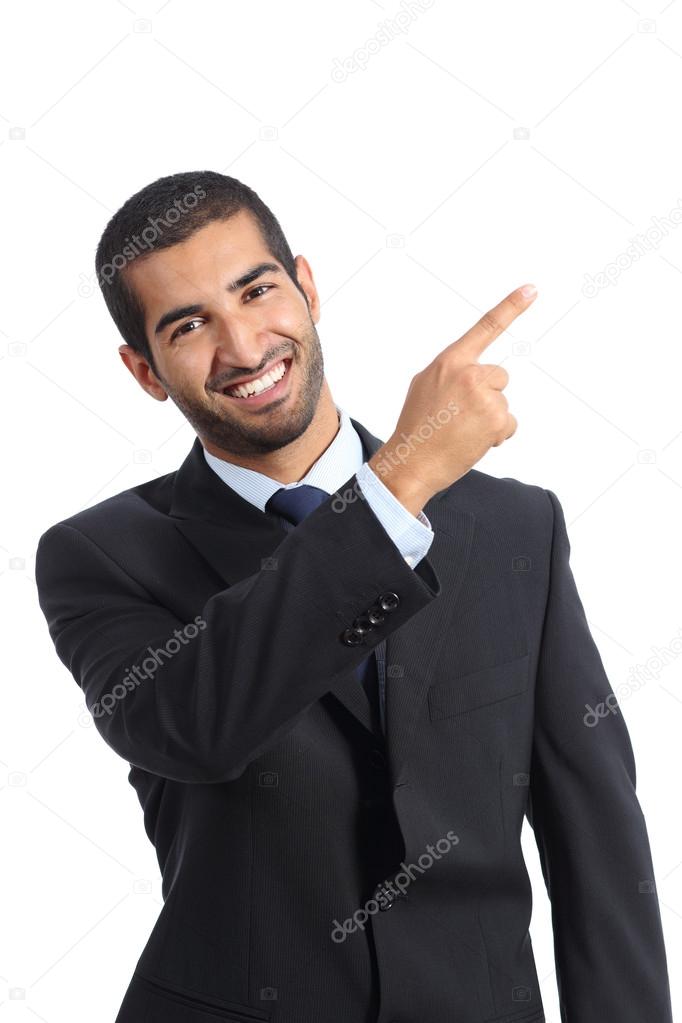 Arab business man presenter presenting and pointing at side