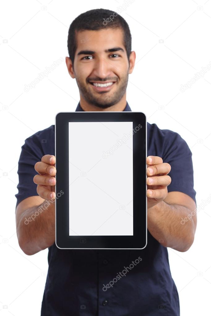 Arab man showing an app in a  blank tablet screen