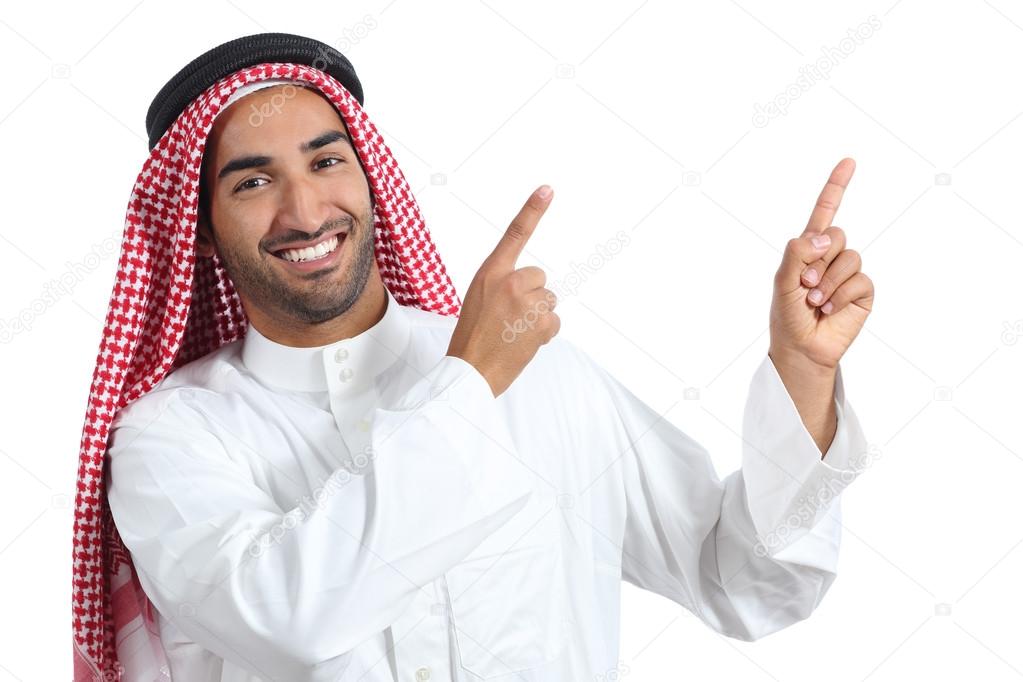 Arab saudi presenter man presenting pointing at side
