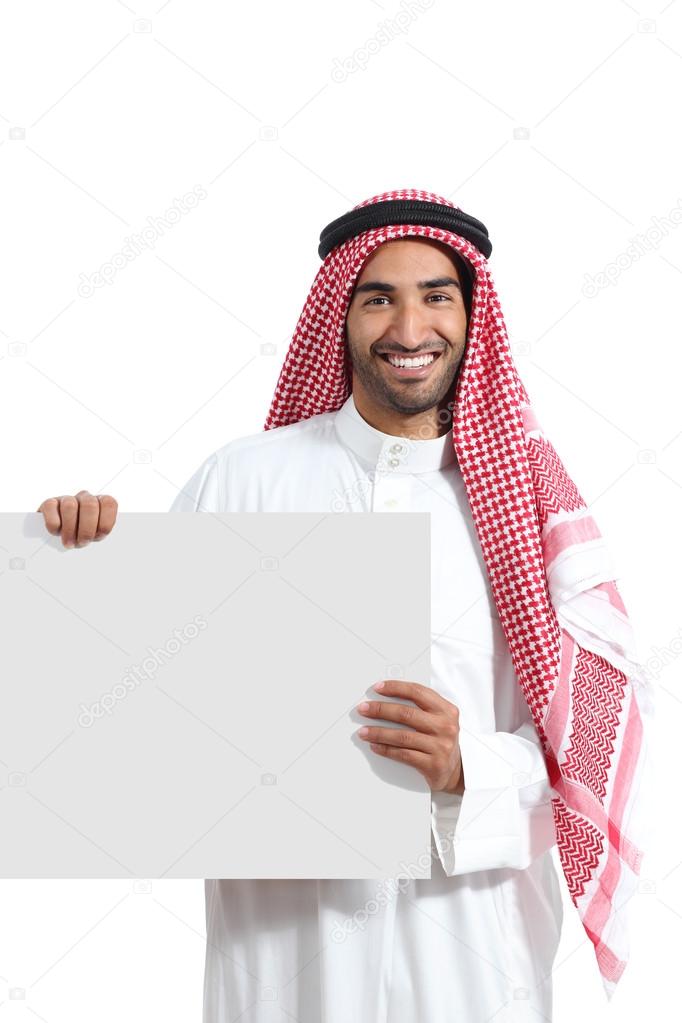 Arab saudi promoter man holding a blank horizontal sign