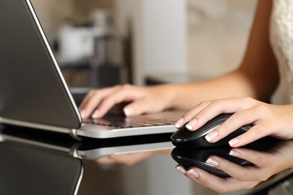 Eller kadın bir dizüstü bilgisayar ve bir fare ile çalışma — Stok fotoğraf