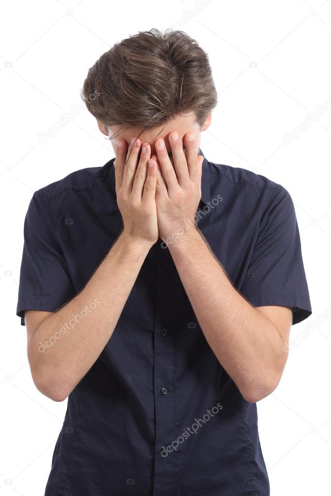 Ashamed or worried man covering face with his hands