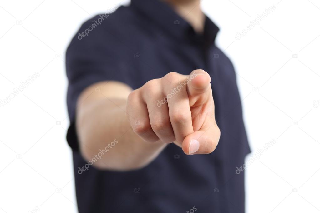 Close up of a man hand pointing at camera