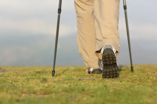 Achteraanzicht van wandelaar benen met Polen lopen op de berg — Stockfoto