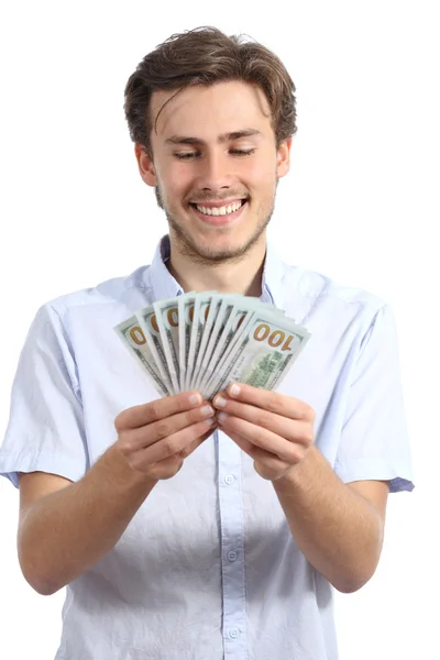 Casual homem feliz segurando dinheiro — Fotografia de Stock