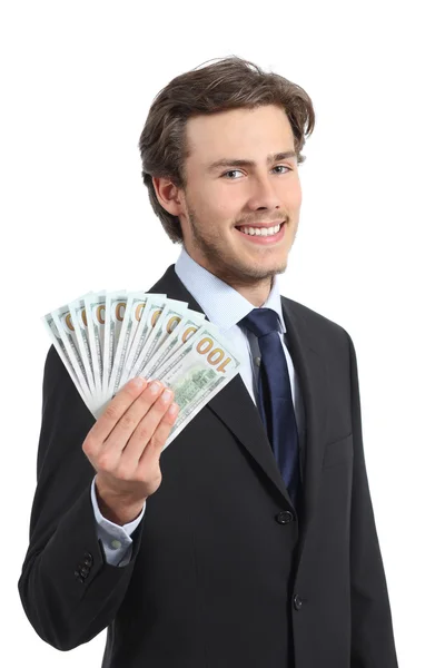 ΝΕΩΝ ΕΠΙΧΕΙΡΗΜΑΤΙΩΝ ευτυχισμένος άνθρωπος δείχνει χρήματα — Φωτογραφία Αρχείου