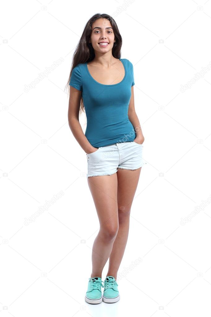 Young Pretty Woman In Short Jeans Standing On White Background