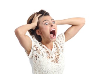 Scared crazy woman crying with hands on head clipart