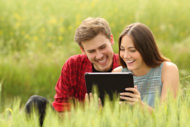 Couple watching videos in a tablet in a field clipart