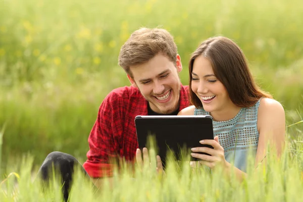 Pareja viendo vídeos en una tableta en un campo — Foto de Stock