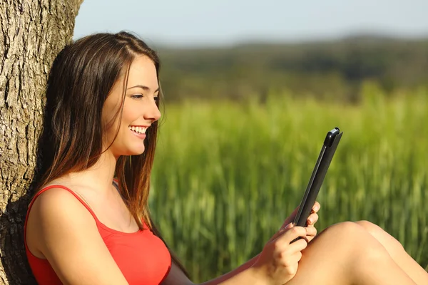 Chica leyendo un libro electrónico o tableta en un campo verde —  Fotos de Stock