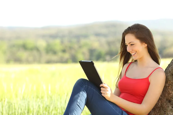 Avslappnad kvinna läser en e-bok i landet — Stockfoto